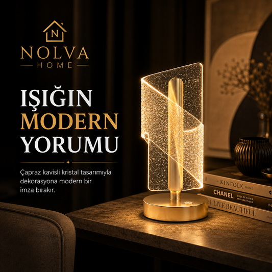 NOLVA®  Çapraz Kavisli Kristal Simli LED Masa Lambası – Gold Gövdeli, Dokunmatik, 3 Kademe Işık Ayarlı Şarjlı Dekoratif Lamba
