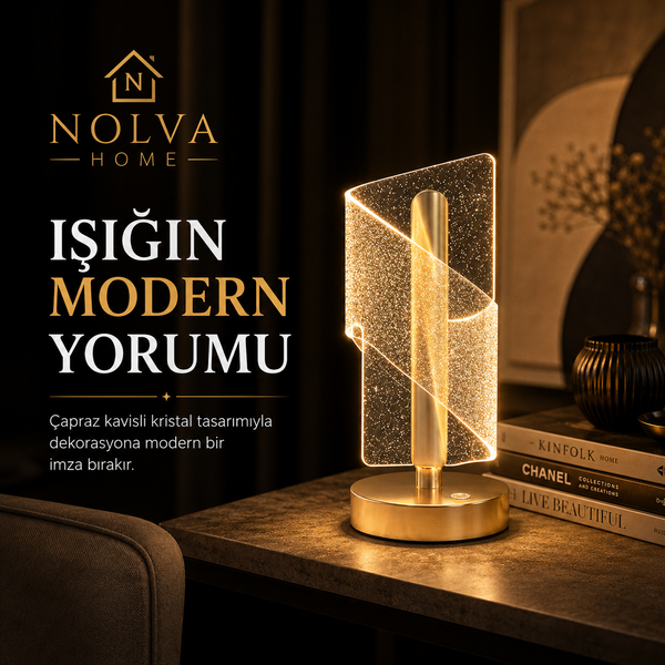 NOLVA®  Çapraz Kavisli Kristal Simli LED Masa Lambası – Gold Gövdeli, Dokunmatik, 3 Kademe Işık Ayarlı Şarjlı Dekoratif Lamba
