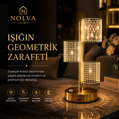 NOLVA® Yıldız Model Kristal LED Masa Lambası — Dokunmatik, 3 Renk Modlu, Şarjlı Mini