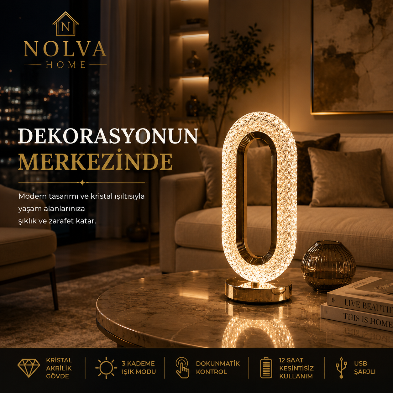 NOLVA Oval Kristal Akrilik LED Masa Lambası — USB Şarjlı, Dokunmatik, 3 Renk Modlu
