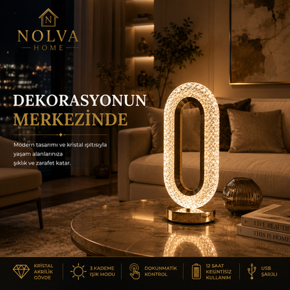 NOLVA Oval Kristal Akrilik LED Masa Lambası — USB Şarjlı, Dokunmatik, 3 Renk Modlu