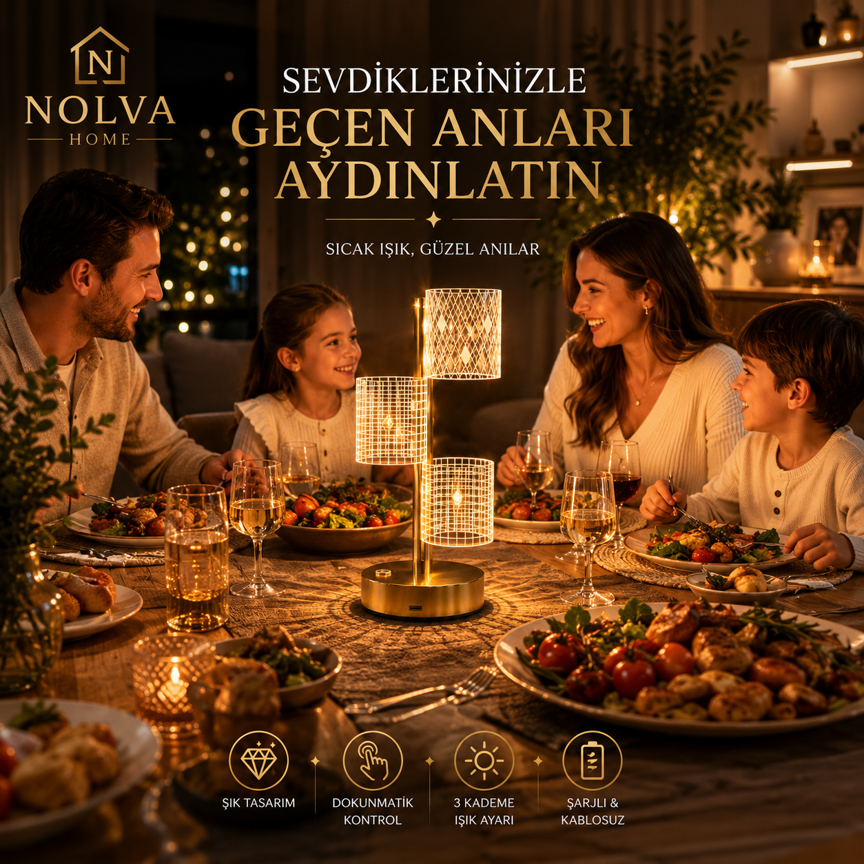 NOLVA® Yıldız Model Kristal LED Masa Lambası — Dokunmatik, 3 Renk Modlu, Şarjlı Mini