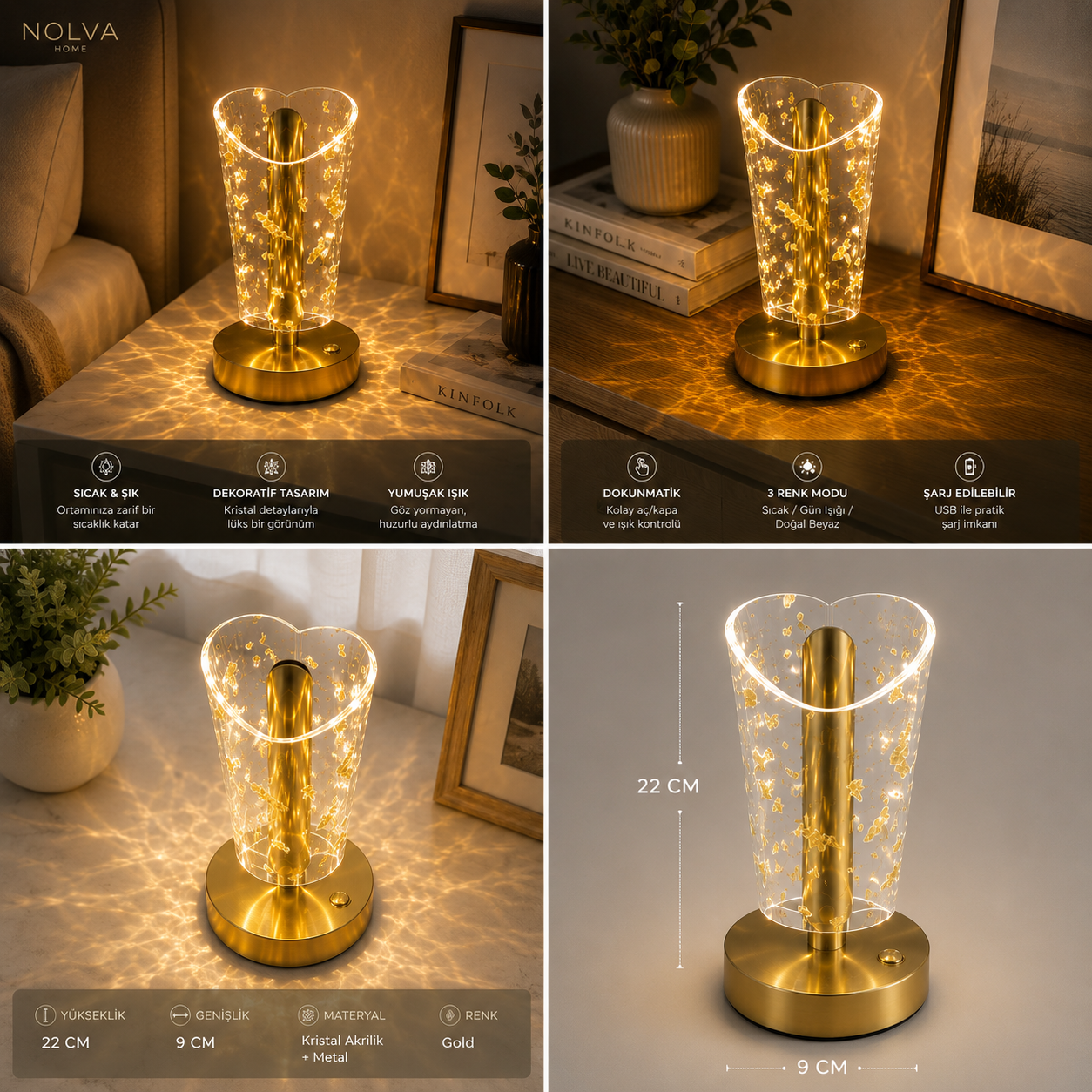 NOLVA Altın Toz Kristal LED Masa Lambası