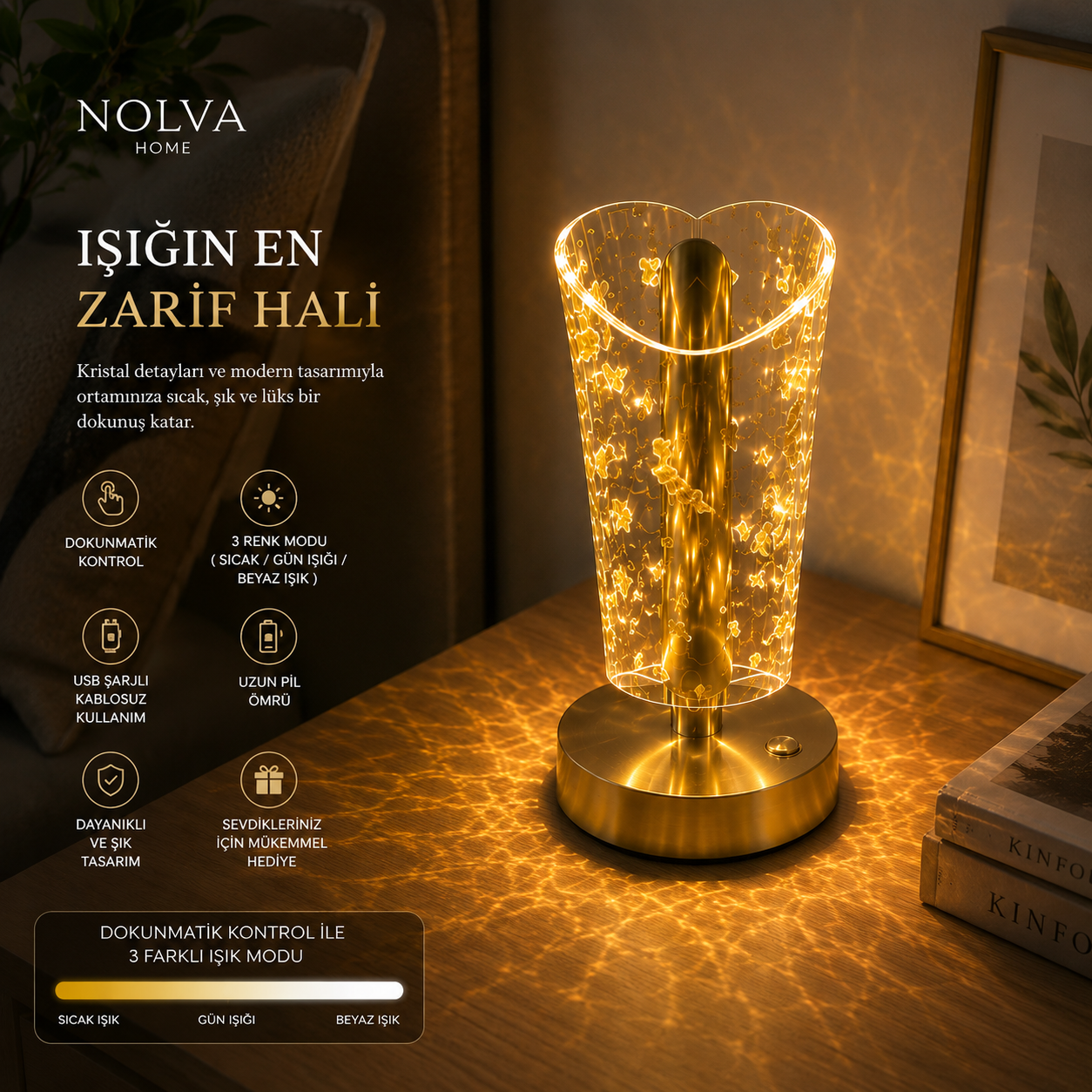 NOLVA Altın Toz Kristal LED Masa Lambası