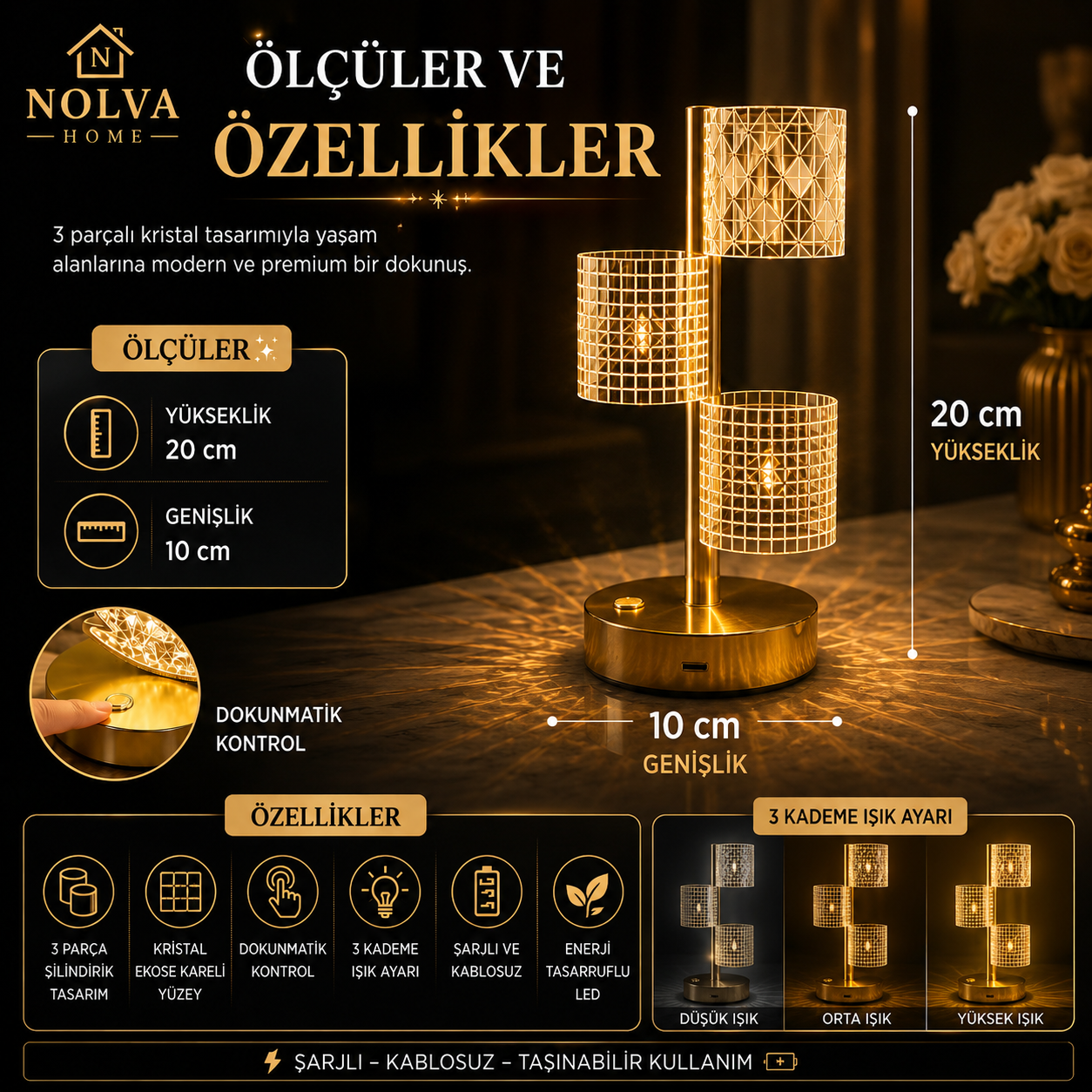 NOLVA® Yıldız Model Kristal LED Masa Lambası — Dokunmatik, 3 Renk Modlu, Şarjlı Mini
