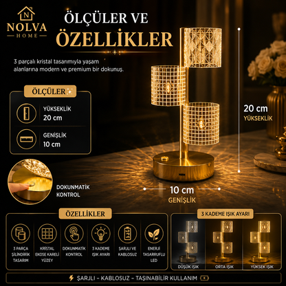 NOLVA® Yıldız Model Kristal LED Masa Lambası — Dokunmatik, 3 Renk Modlu, Şarjlı Mini
