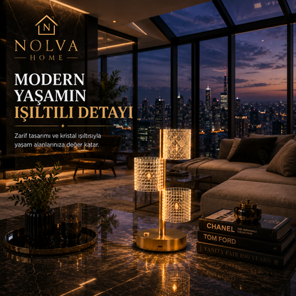 NOLVA® Yıldız Model Kristal LED Masa Lambası — Dokunmatik, 3 Renk Modlu, Şarjlı Mini