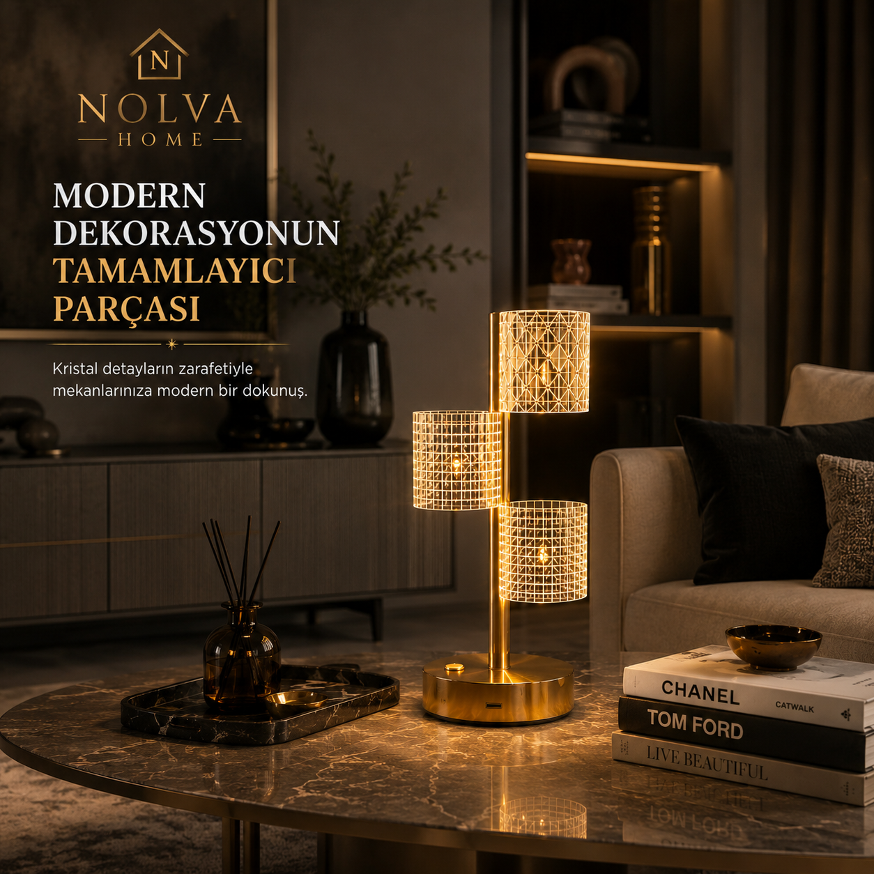 NOLVA® Yıldız Model Kristal LED Masa Lambası — Dokunmatik, 3 Renk Modlu, Şarjlı Mini
