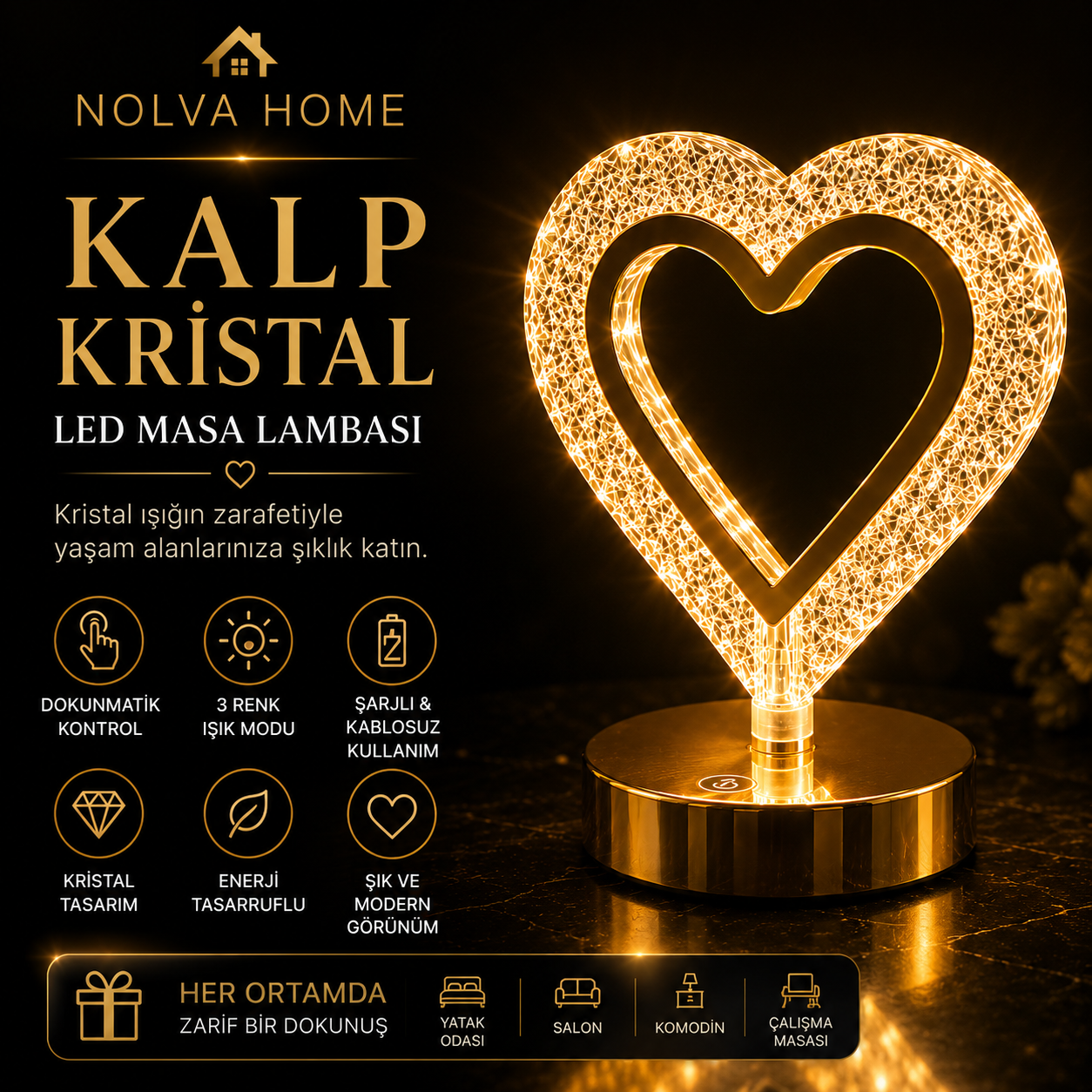 NOLVA Kalp Kristal LED Masa Lambası — Dokunmatik, 3 Renk Modlu, Şarjlı Mini