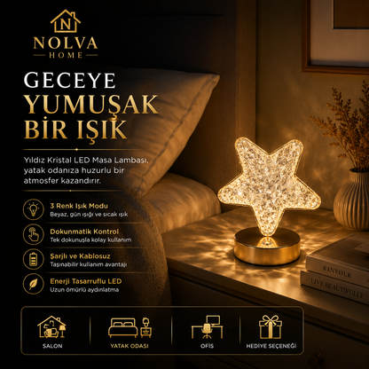 NOLVA® Yıldız Kristal LED Masa Lambası — Dokunmatik, 3 Renk Modlu, Şarjlı