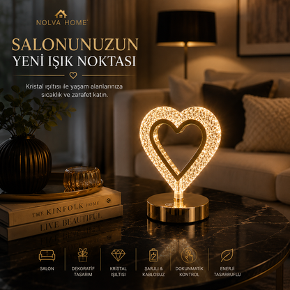 NOLVA Kalp Kristal LED Masa Lambası — Dokunmatik, 3 Renk Modlu, Şarjlı Mini