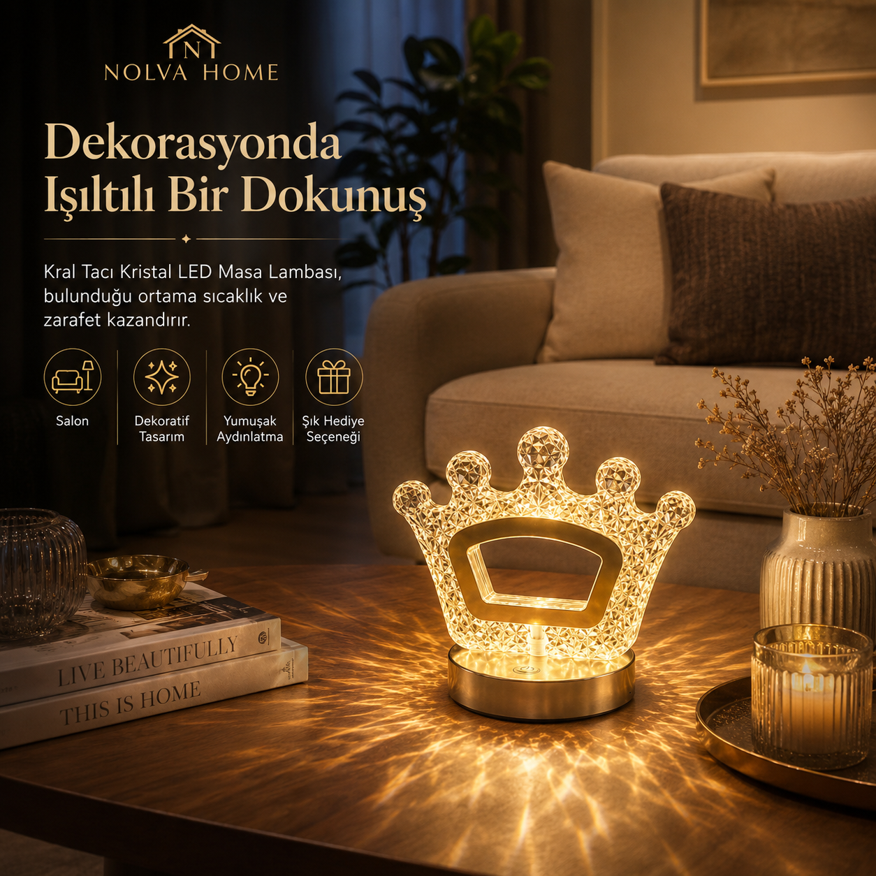 NOLVA Kral Tacı Kristal LED Masa Lambası — Dokunmatik, 3 Renk Modlu, Şarjlı Mini