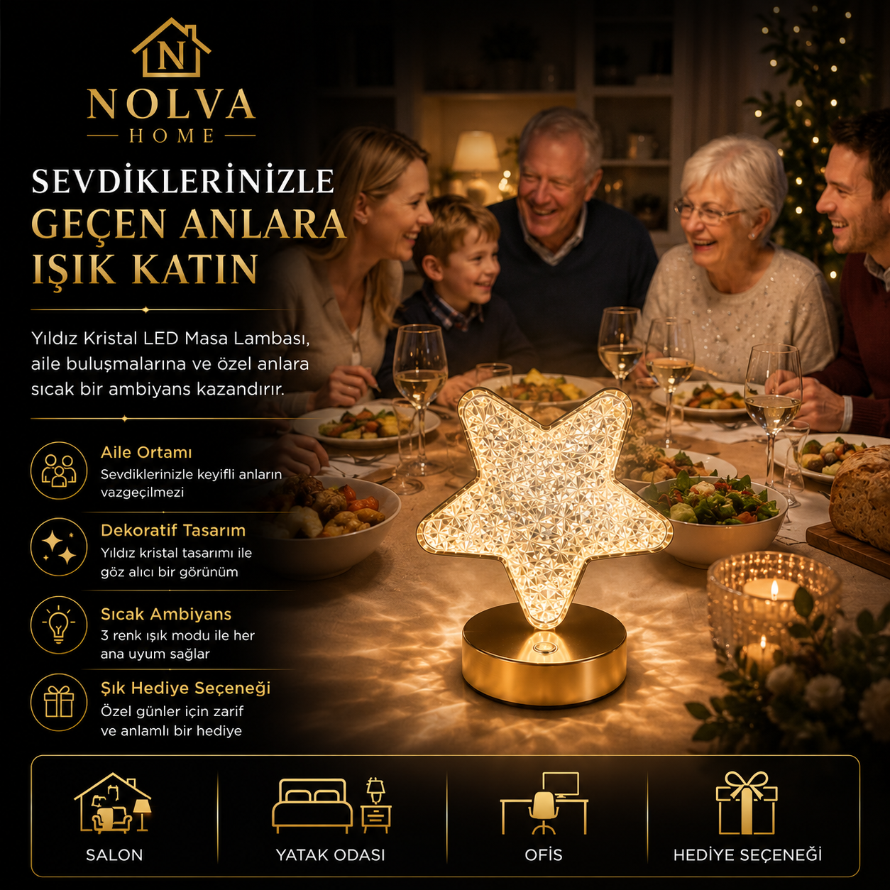 NOLVA® Yıldız Kristal LED Masa Lambası — Dokunmatik, 3 Renk Modlu, Şarjlı