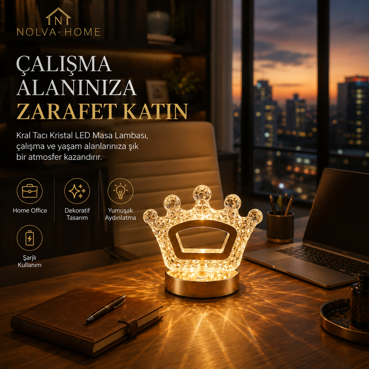 NOLVA Kral Tacı Kristal LED Masa Lambası — Dokunmatik, 3 Renk Modlu, Şarjlı Mini
