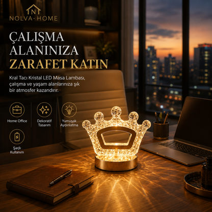 NOLVA Kral Tacı Kristal LED Masa Lambası — Dokunmatik, 3 Renk Modlu, Şarjlı Mini