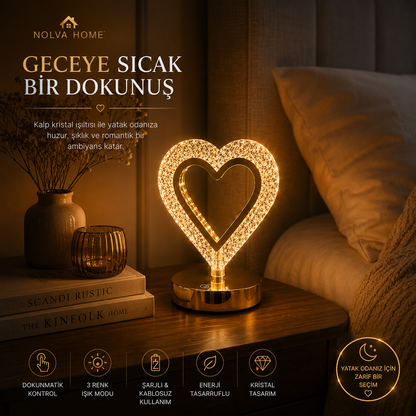 NOLVA Kalp Kristal LED Masa Lambası — Dokunmatik, 3 Renk Modlu, Şarjlı Mini