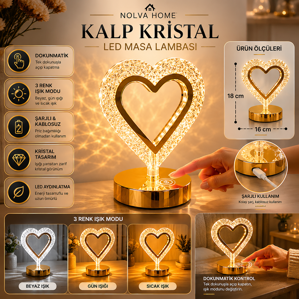 NOLVA Kalp Kristal LED Masa Lambası — Dokunmatik, 3 Renk Modlu, Şarjlı Mini