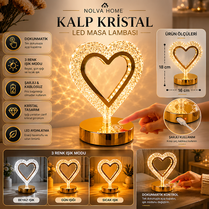 NOLVA Kalp Kristal LED Masa Lambası — Dokunmatik, 3 Renk Modlu, Şarjlı Mini