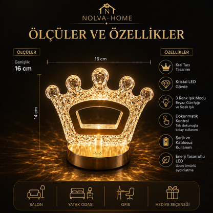 NOLVA Kral Tacı Kristal LED Masa Lambası — Dokunmatik, 3 Renk Modlu, Şarjlı Mini