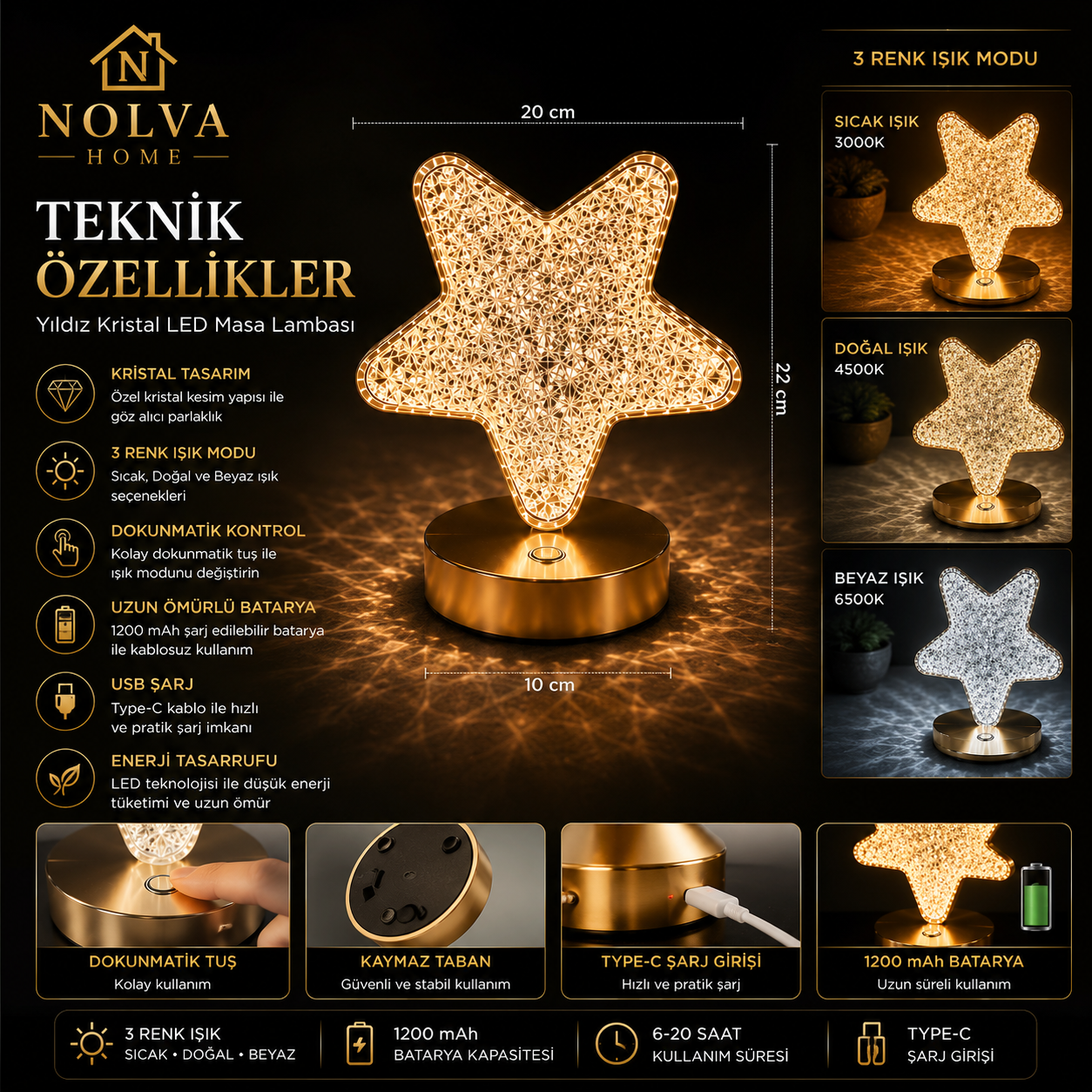 NOLVA® Yıldız Kristal LED Masa Lambası — Dokunmatik, 3 Renk Modlu, Şarjlı
