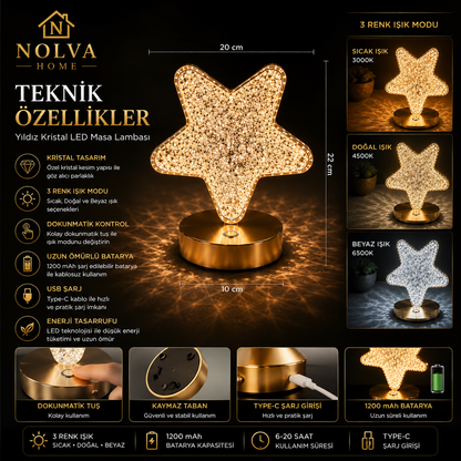 NOLVA® Yıldız Kristal LED Masa Lambası — Dokunmatik, 3 Renk Modlu, Şarjlı