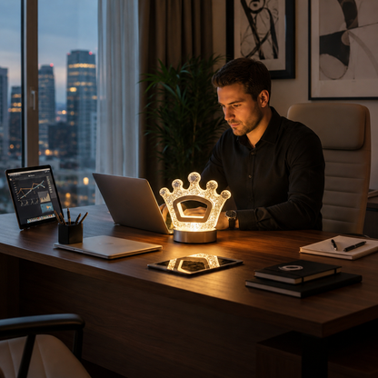 NOLVA Kral Tacı Kristal LED Masa Lambası — Dokunmatik, 3 Renk Modlu, Şarjlı Mini