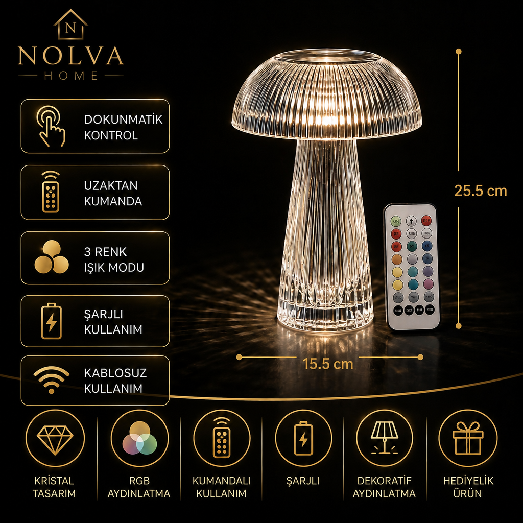 NOLVA Mantar Kristal LED Masa Lambası — Kumandalı, Şarjlı, Rengarenk Işık Modlu
