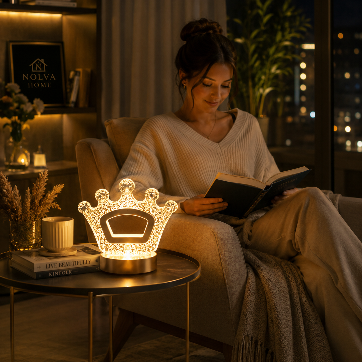 NOLVA Kral Tacı Kristal LED Masa Lambası — Dokunmatik, 3 Renk Modlu, Şarjlı Mini