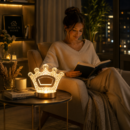 NOLVA Kral Tacı Kristal LED Masa Lambası — Dokunmatik, 3 Renk Modlu, Şarjlı Mini