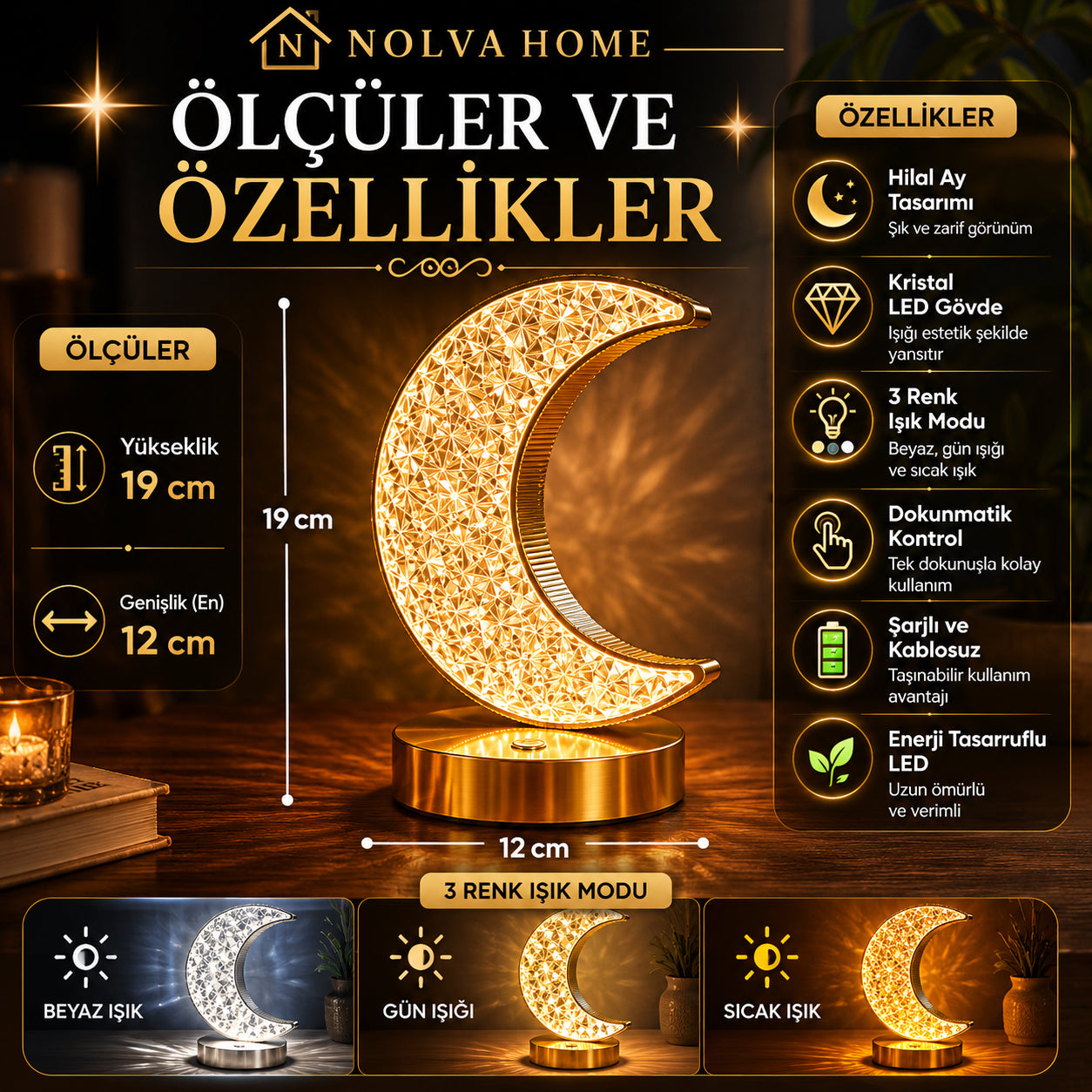 NOLVA Hilal Ay Kristal LED Masa Lambası — Dokunmatik, 3 Renk Modlu, Şarjlı Mini