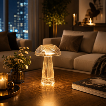 NOLVA Mantar Kristal LED Masa Lambası — Kumandalı, Şarjlı, Rengarenk Işık Modlu