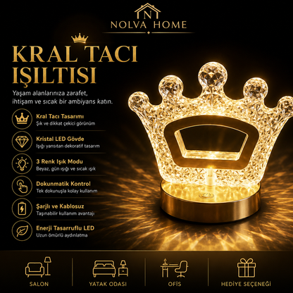 NOLVA Kral Tacı Kristal LED Masa Lambası — Dokunmatik, 3 Renk Modlu, Şarjlı Mini