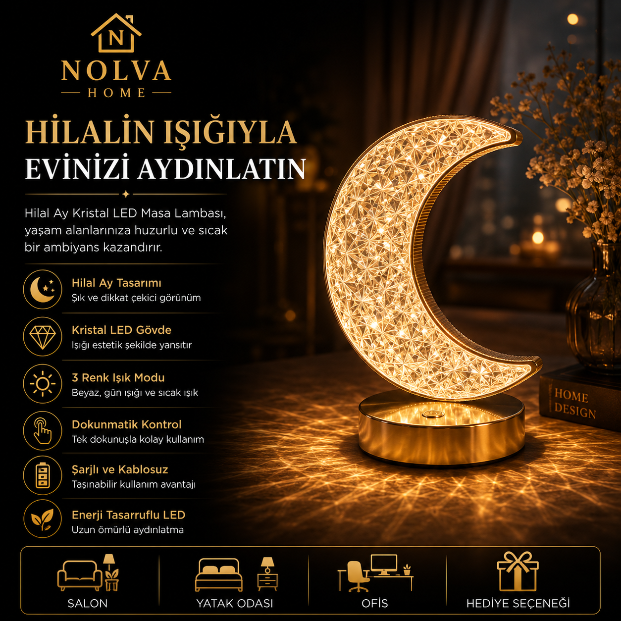 NOLVA Hilal Ay Kristal LED Masa Lambası — Dokunmatik, 3 Renk Modlu, Şarjlı Mini