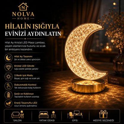 NOLVA Hilal Ay Kristal LED Masa Lambası — Dokunmatik, 3 Renk Modlu, Şarjlı Mini