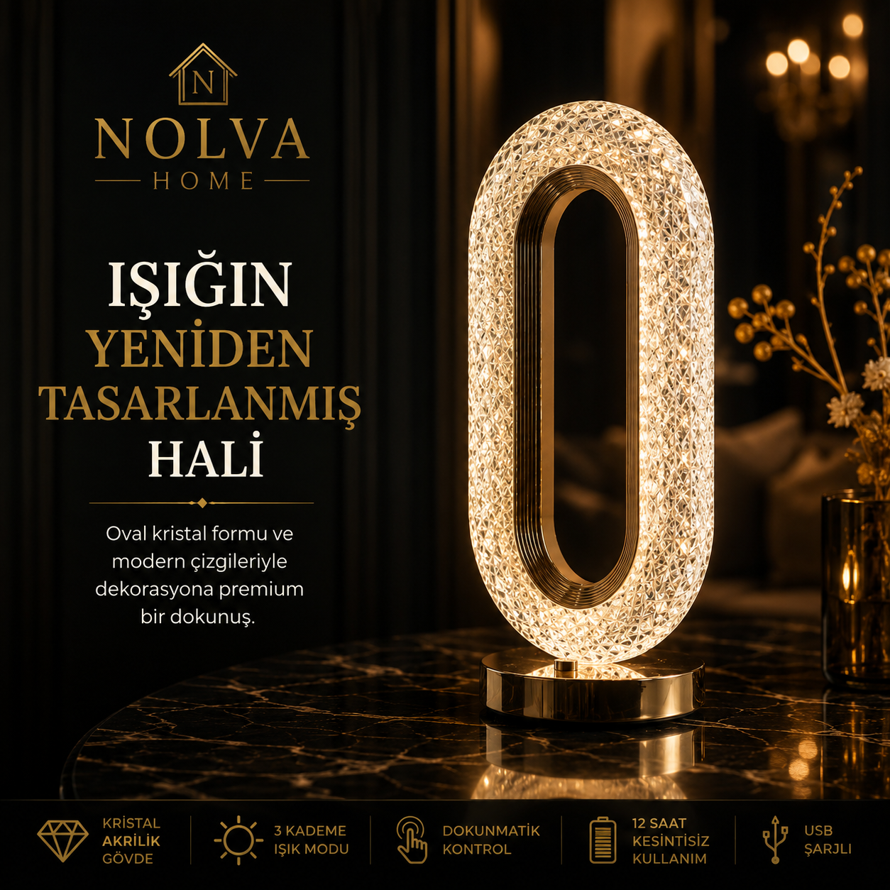 NOLVA Oval Kristal Akrilik LED Masa Lambası — USB Şarjlı, Dokunmatik, 3 Renk Modlu