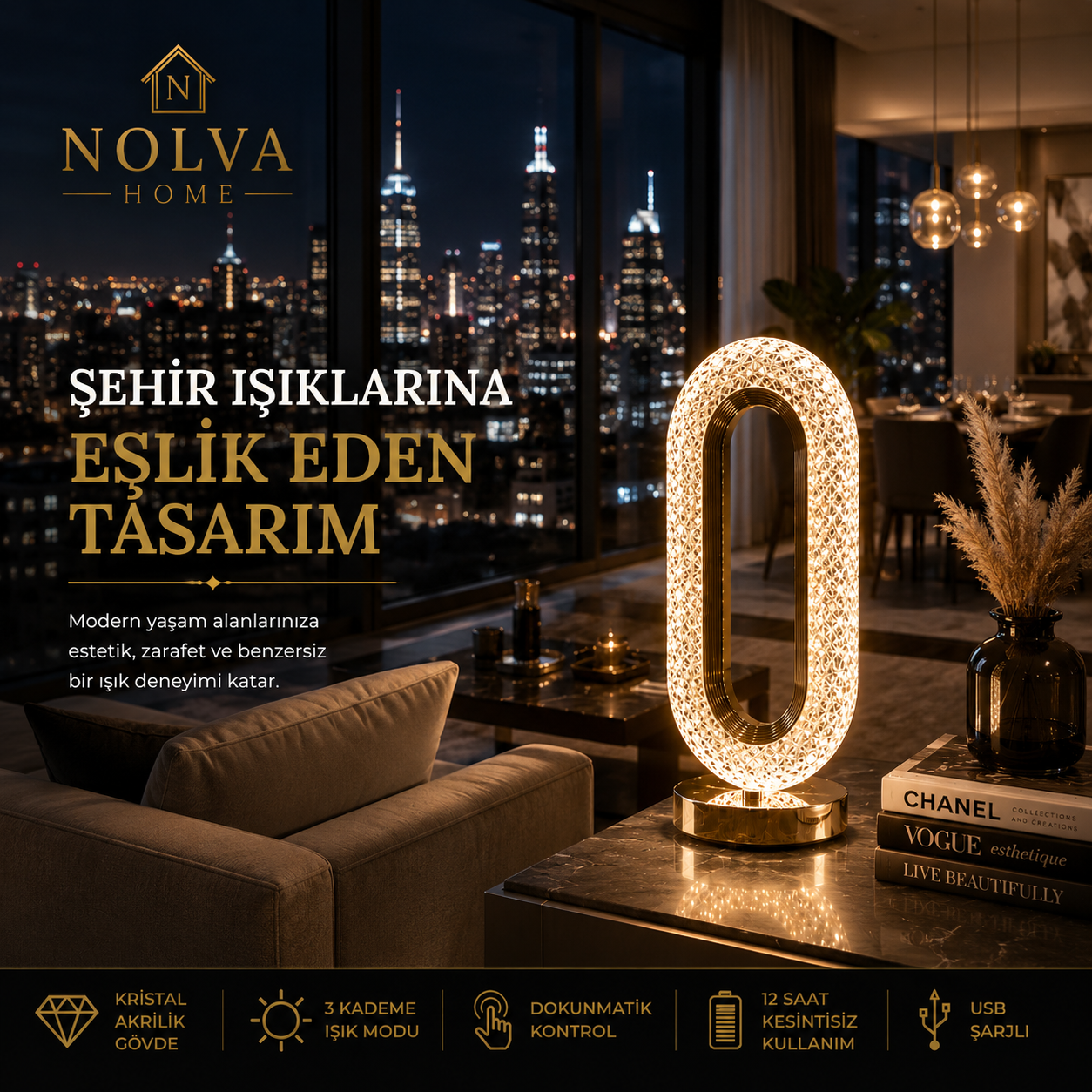 NOLVA Oval Kristal Akrilik LED Masa Lambası — USB Şarjlı, Dokunmatik, 3 Renk Modlu