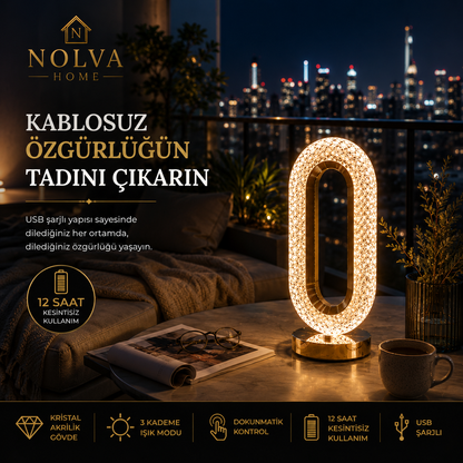 NOLVA Oval Kristal Akrilik LED Masa Lambası — USB Şarjlı, Dokunmatik, 3 Renk Modlu