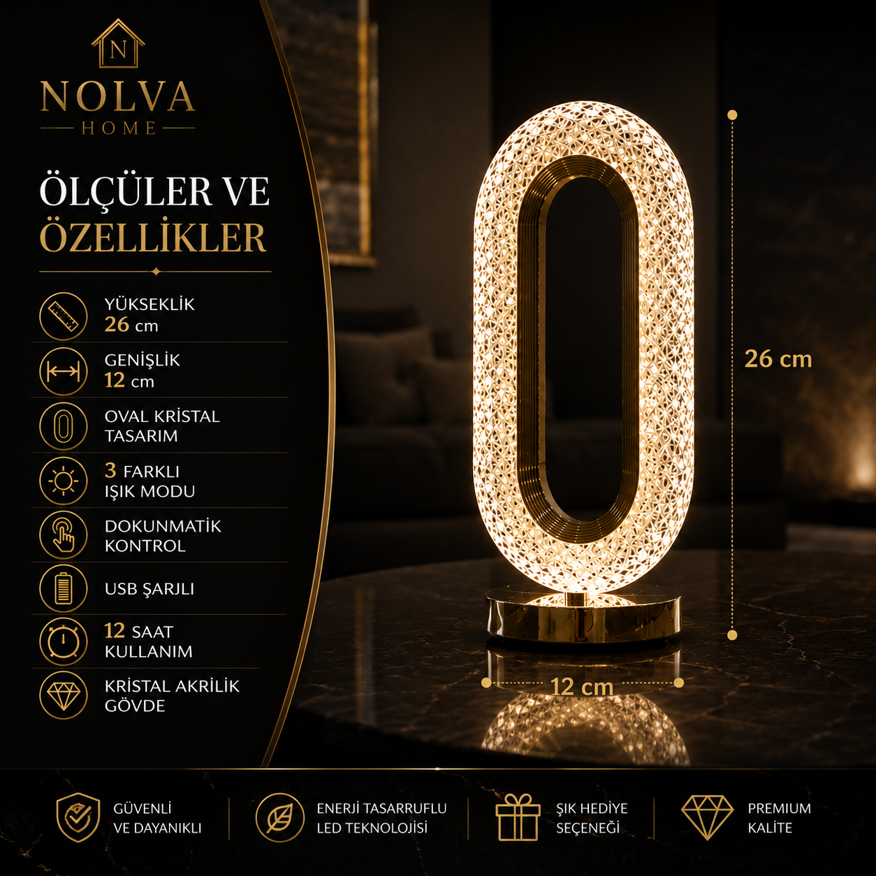 NOLVA Oval Kristal Akrilik LED Masa Lambası — USB Şarjlı, Dokunmatik, 3 Renk Modlu