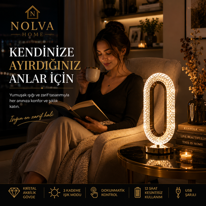 NOLVA Oval Kristal Akrilik LED Masa Lambası — USB Şarjlı, Dokunmatik, 3 Renk Modlu