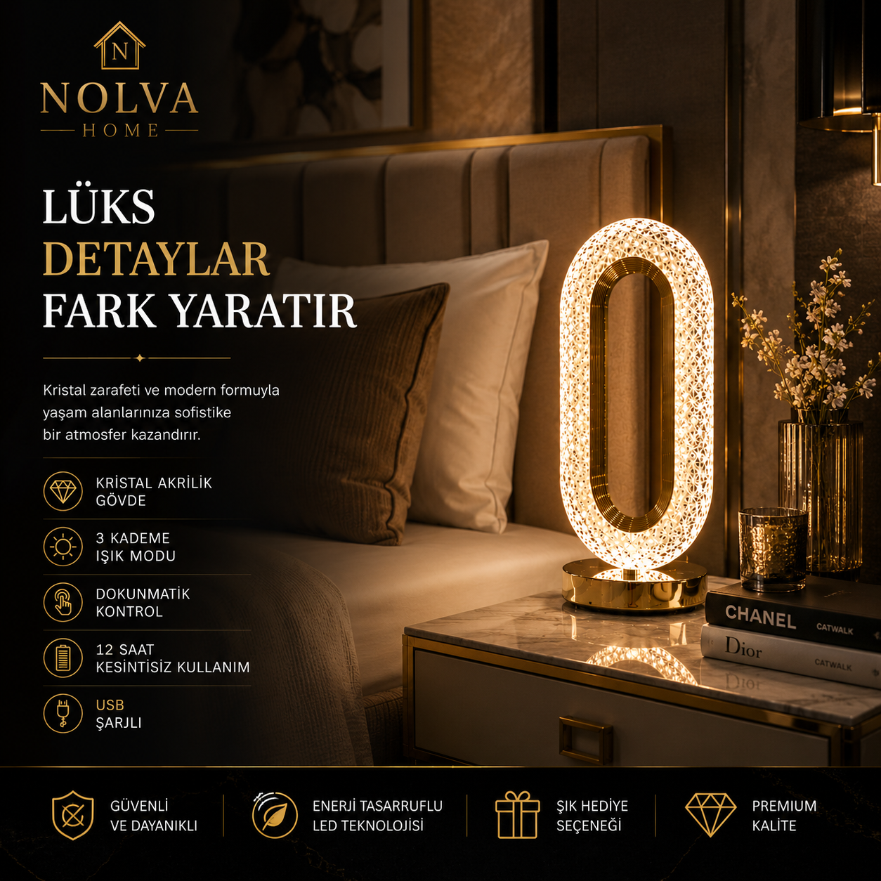 NOLVA Oval Kristal Akrilik LED Masa Lambası — USB Şarjlı, Dokunmatik, 3 Renk Modlu