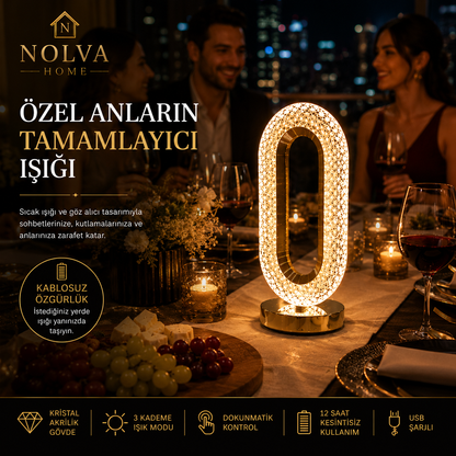 NOLVA Oval Kristal Akrilik LED Masa Lambası — USB Şarjlı, Dokunmatik, 3 Renk Modlu