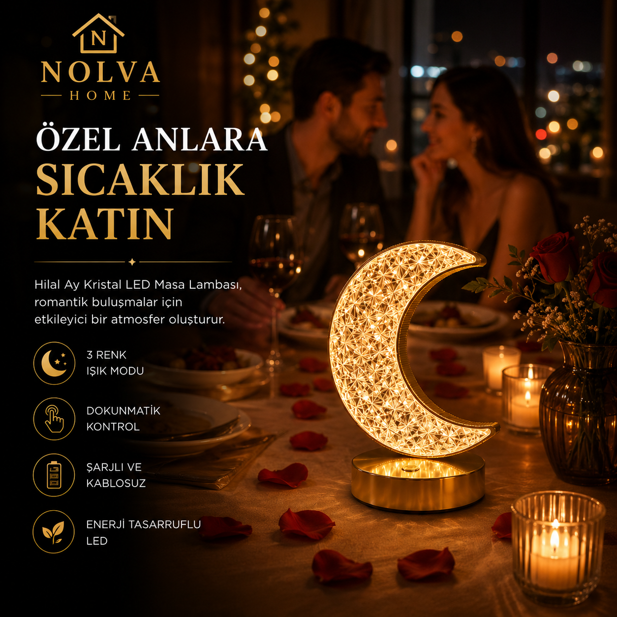 NOLVA Hilal Ay Kristal LED Masa Lambası — Dokunmatik, 3 Renk Modlu, Şarjlı Mini