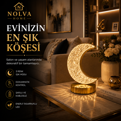 NOLVA Hilal Ay Kristal LED Masa Lambası — Dokunmatik, 3 Renk Modlu, Şarjlı Mini
