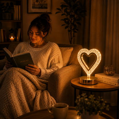 NOLVA Kalp Kristal LED Masa Lambası — Dokunmatik, 3 Renk Modlu, Şarjlı Mini