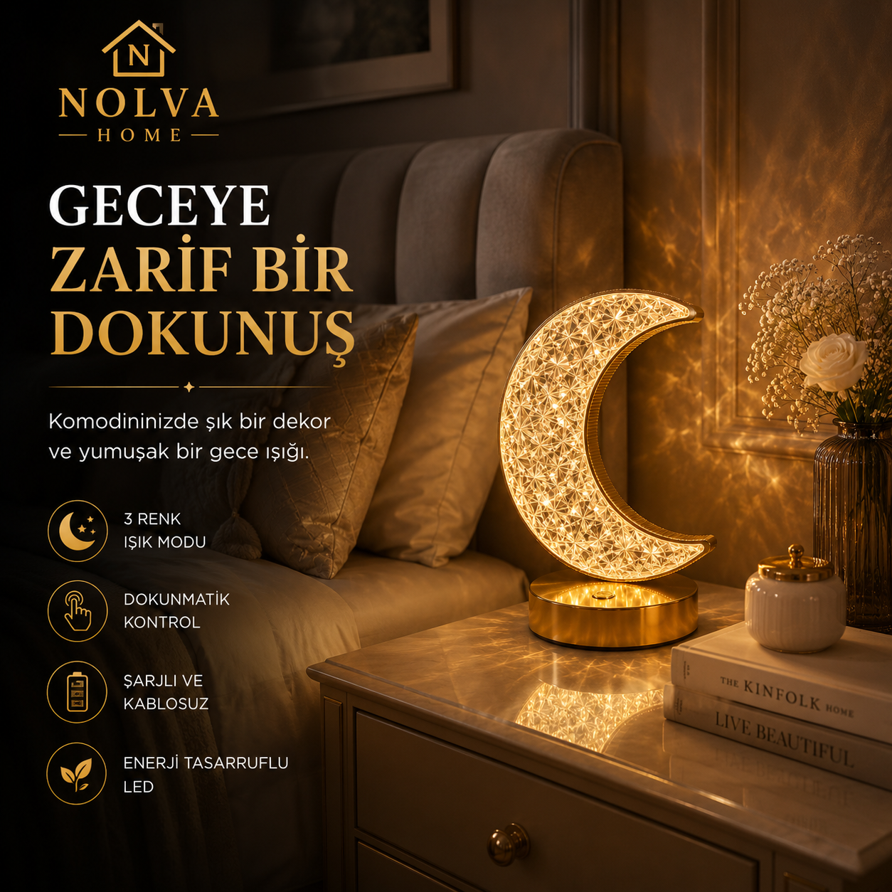 NOLVA Hilal Ay Kristal LED Masa Lambası — Dokunmatik, 3 Renk Modlu, Şarjlı Mini