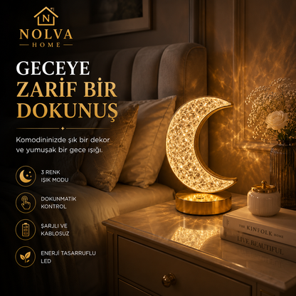 NOLVA Hilal Ay Kristal LED Masa Lambası — Dokunmatik, 3 Renk Modlu, Şarjlı Mini