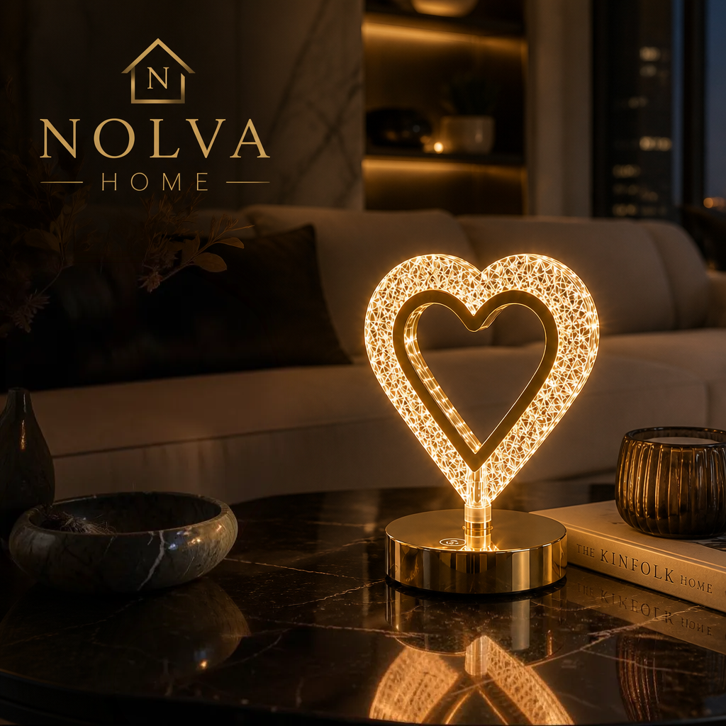 NOLVA Kalp Kristal LED Masa Lambası — Dokunmatik, 3 Renk Modlu, Şarjlı Mini