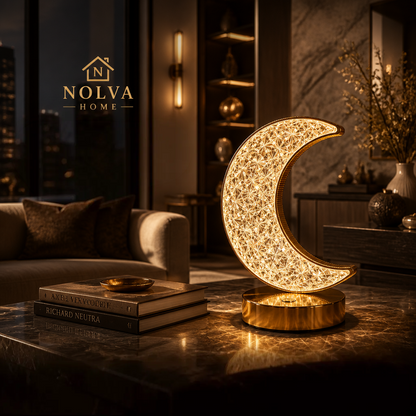 NOLVA Hilal Ay Kristal LED Masa Lambası — Dokunmatik, 3 Renk Modlu, Şarjlı Mini