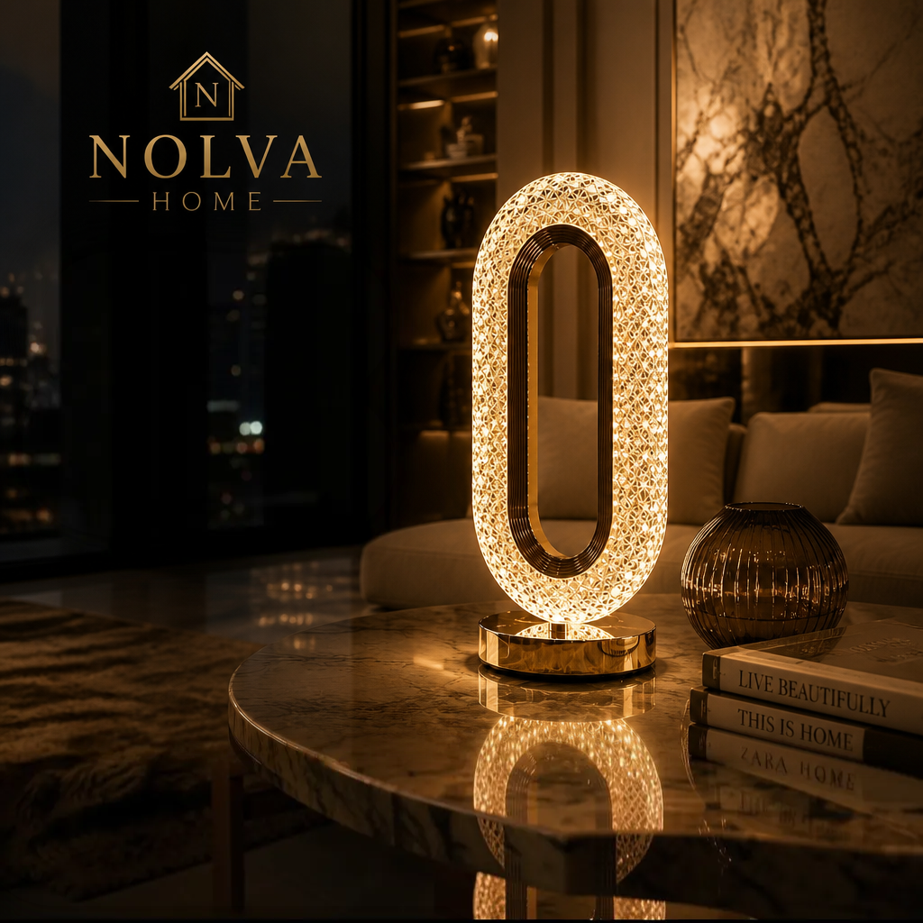 NOLVA Oval Kristal Akrilik LED Masa Lambası — USB Şarjlı, Dokunmatik, 3 Renk Modlu