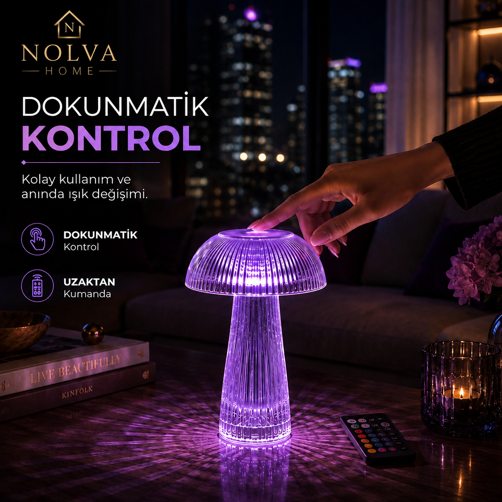 NOLVA Mantar Kristal LED Masa Lambası — Kumandalı, Şarjlı, Rengarenk Işık Modlu